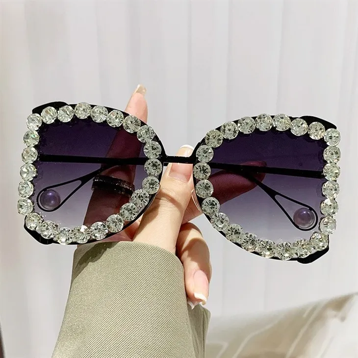 Woman Rhinestone Sun Glasses Oversized